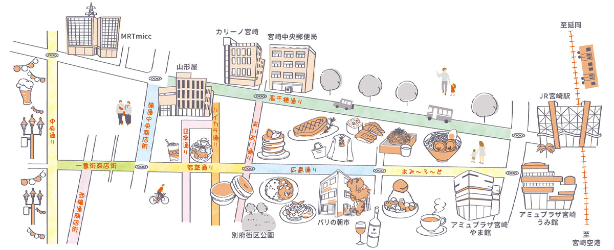 街中ぐるっとに掲載する宮崎のお店の範囲の地図